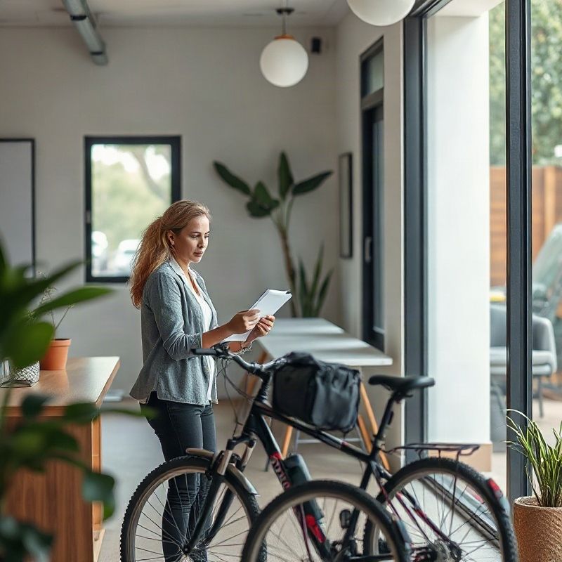 Atendente consultando a agenda com um cliente e sua bicicleta na oficina
